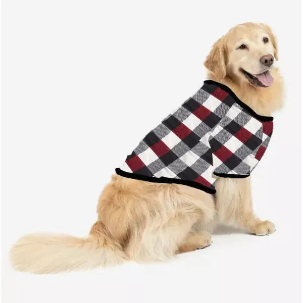 Family Christmas Shirts Santa Hat Christmas Deer Patterned and 'FAMILY CHRISTMAS 2024  ' Letter Print Contrast Tops and Red & Black & White Plaid Pants Family Matching Pajamas Set With Dog Bandana