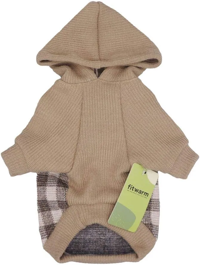 Fitwarm Tartan Plaid Dog Hoodie, Knitted Dog Clothes for Small Dogs Boy, Pet Sweatshirt, Knitted Sweater, Beige, Large