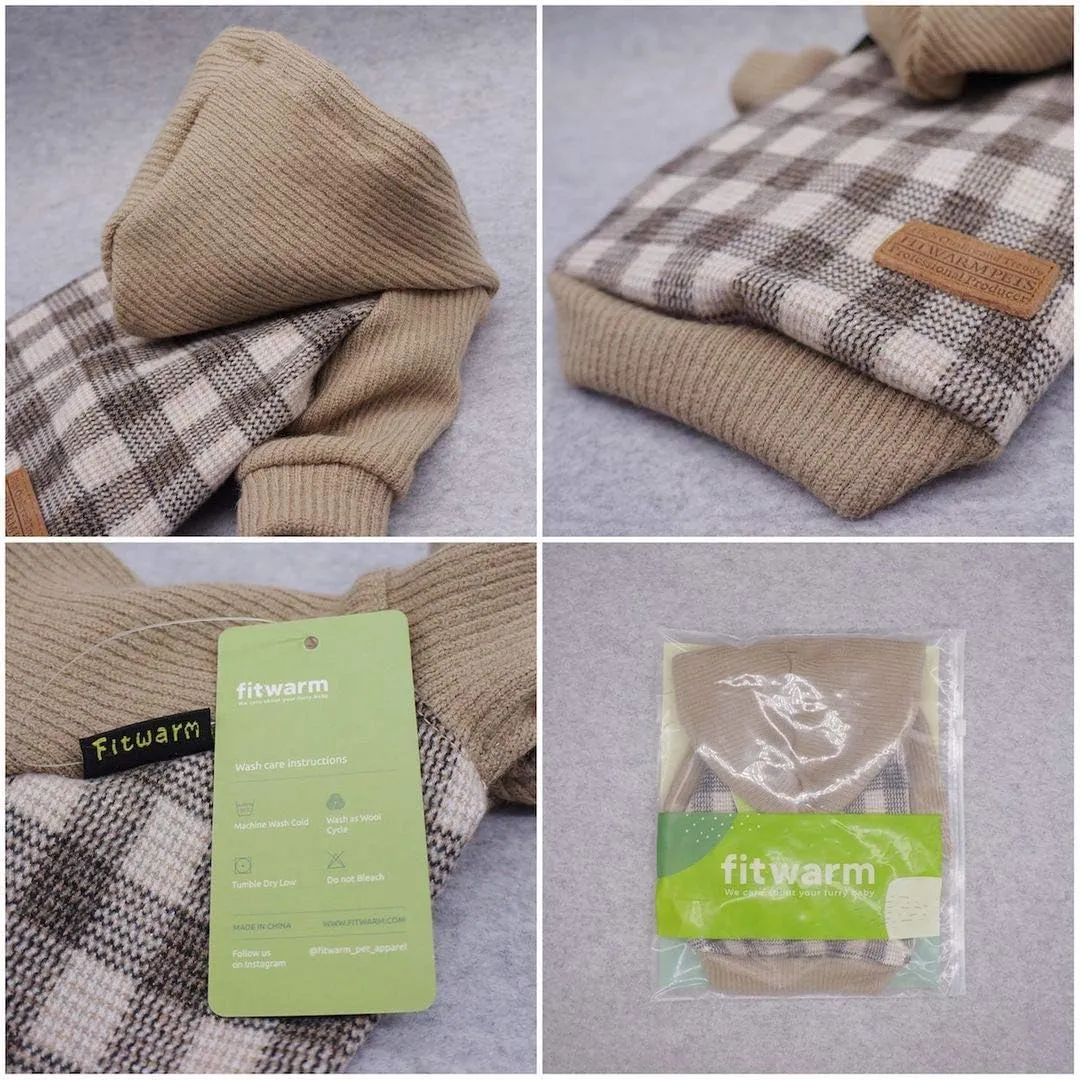 Fitwarm Tartan Plaid Dog Hoodie, Knitted Dog Clothes for Small Dogs Boy, Pet Sweatshirt, Knitted Sweater, Beige, Large