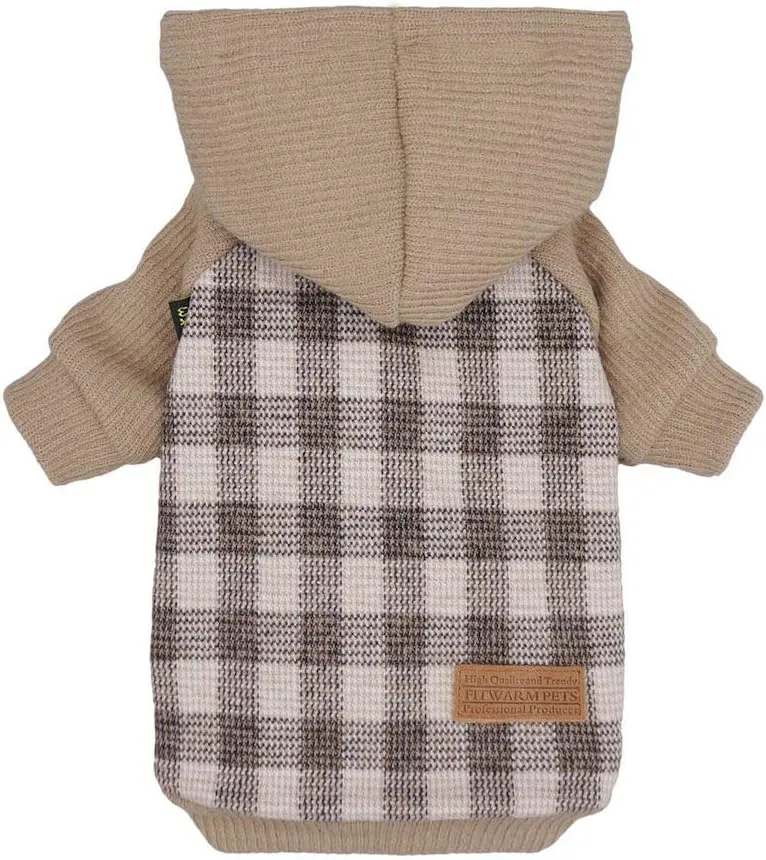 Fitwarm Tartan Plaid Dog Hoodie, Knitted Dog Clothes for Small Dogs Boy, Pet Sweatshirt, Knitted Sweater, Beige, Large