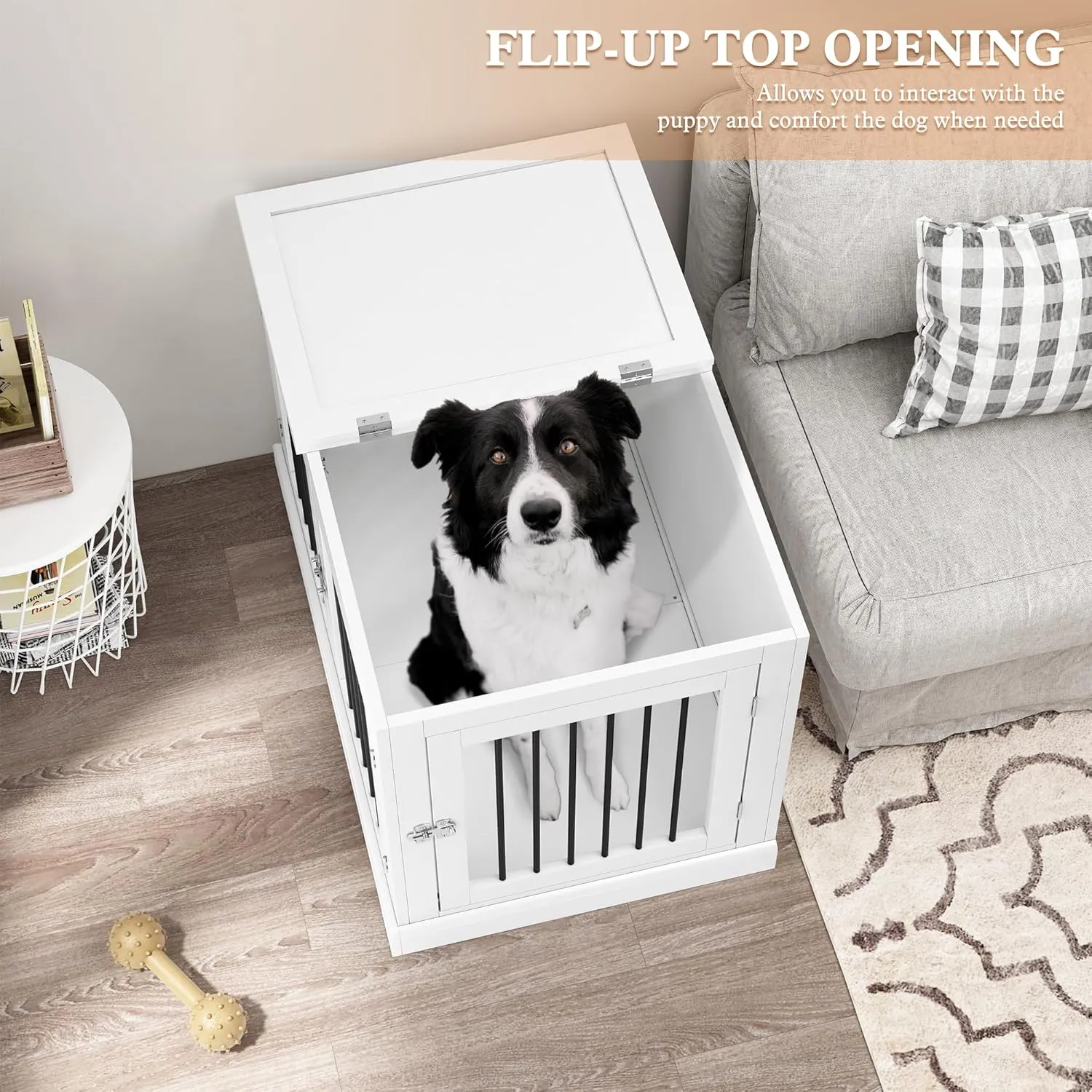 Furniture Style Dog Crate with Cushion, Dog Kennel Medium, Pet Crates, Dog Cage for Small and Medium Dogs, Decorative Dog Kennel with Flip-top Plate, Chew-Proof Metal Bars, White