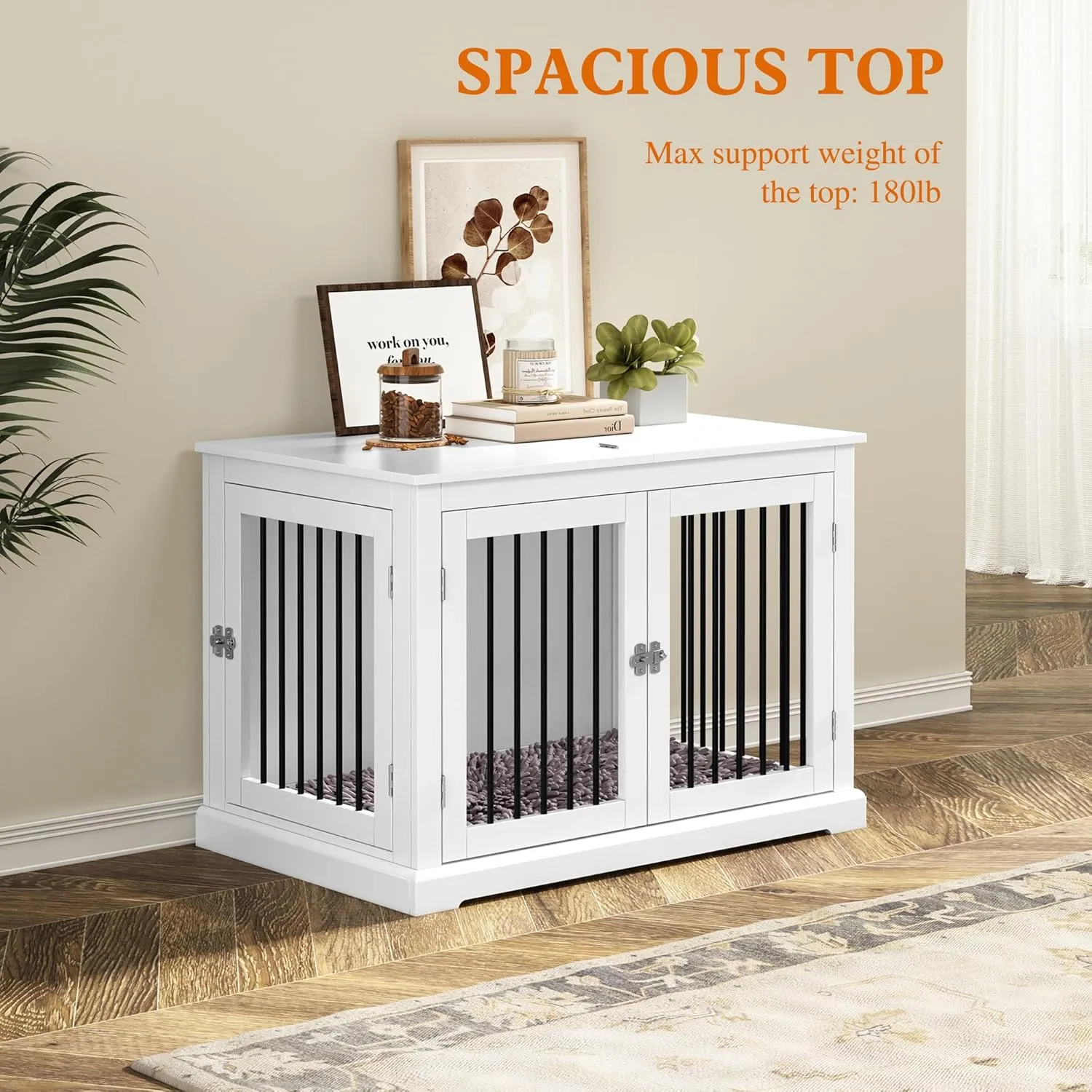 Furniture Style Dog Crate with Cushion, Dog Kennel Medium, Pet Crates, Dog Cage for Small and Medium Dogs, Decorative Dog Kennel with Flip-top Plate, Chew-Proof Metal Bars, White