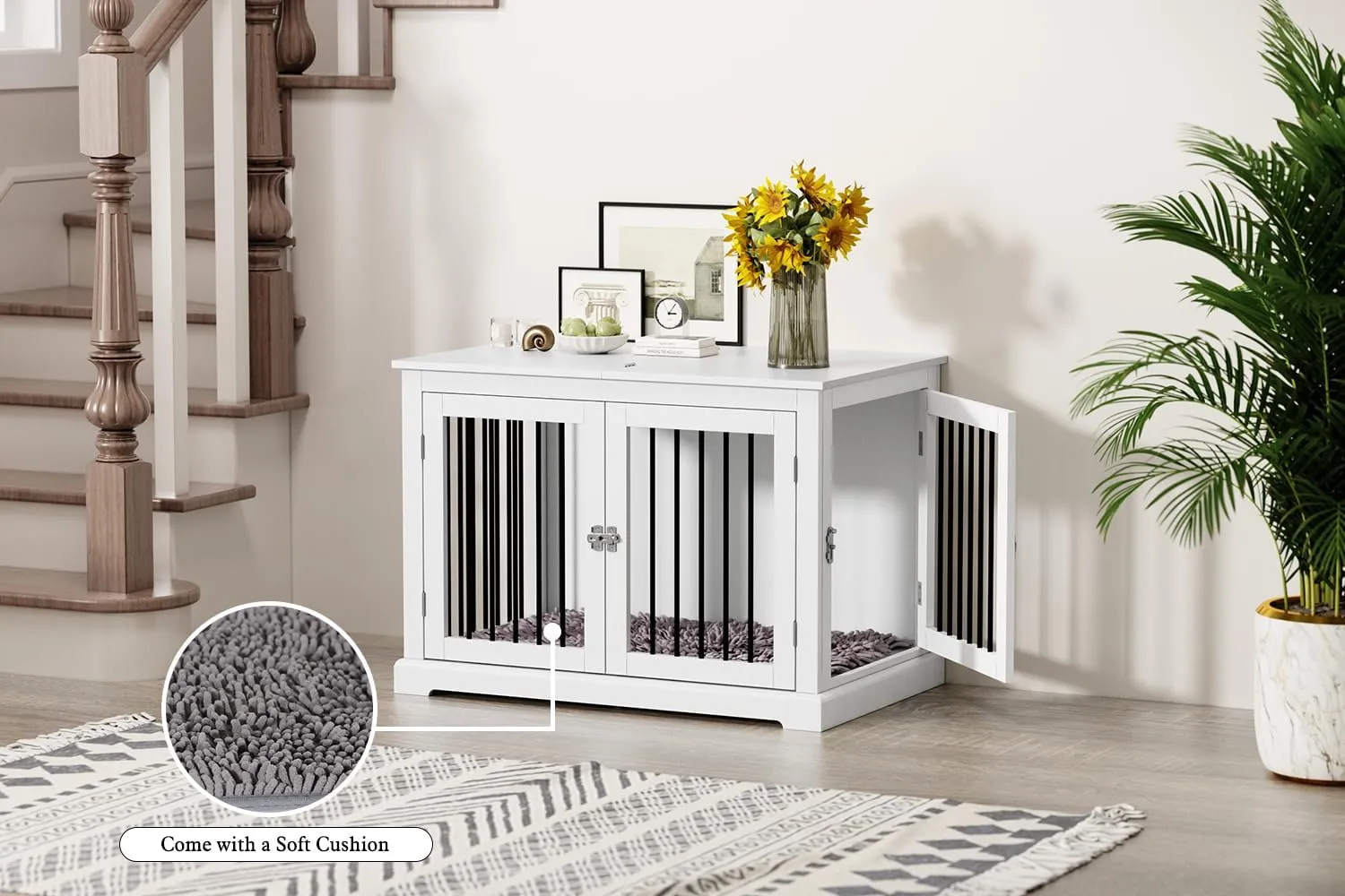 Furniture Style Dog Crate with Cushion, Dog Kennel Medium, Pet Crates, Dog Cage for Small and Medium Dogs, Decorative Dog Kennel with Flip-top Plate, Chew-Proof Metal Bars, White