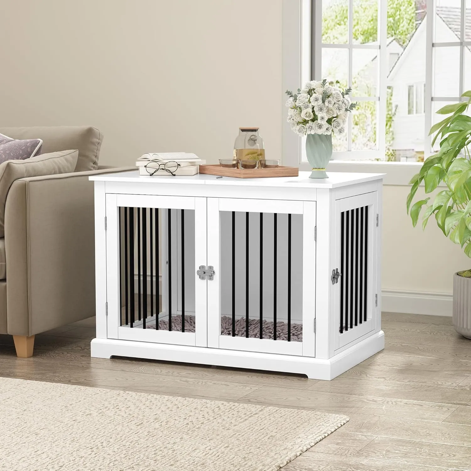 Furniture Style Dog Crate with Cushion, Dog Kennel Medium, Pet Crates, Dog Cage for Small and Medium Dogs, Decorative Dog Kennel with Flip-top Plate, Chew-Proof Metal Bars, White