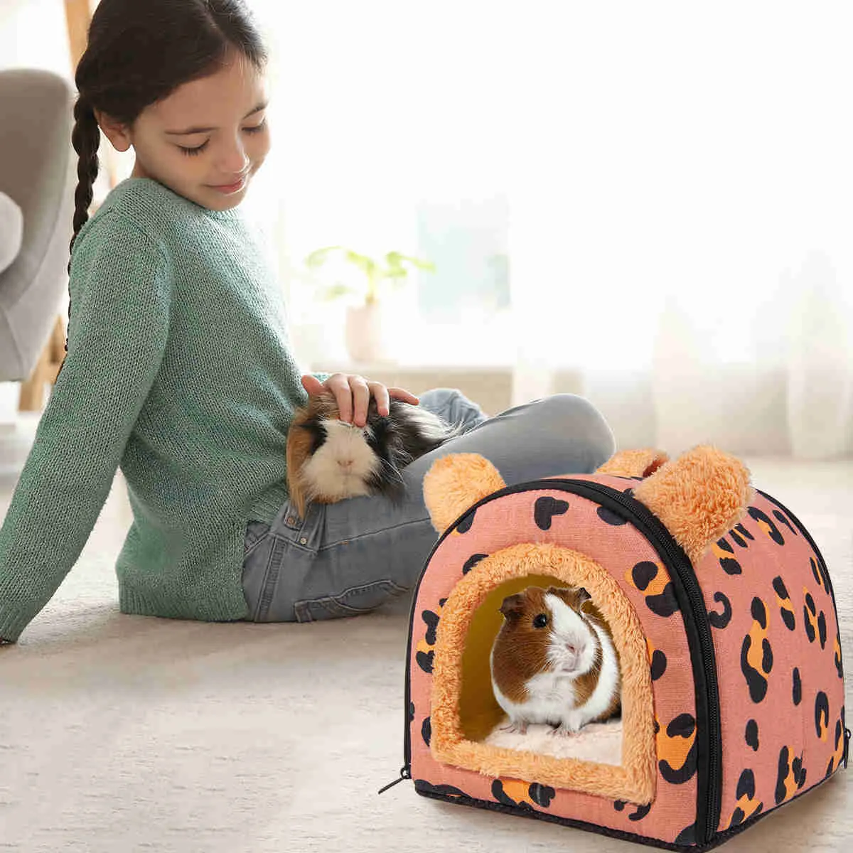 Guinea Pig Hideout，Bunny Bed, Small Animal Bed, Small Animal Bed, 1 Pack (Leopard Pink)