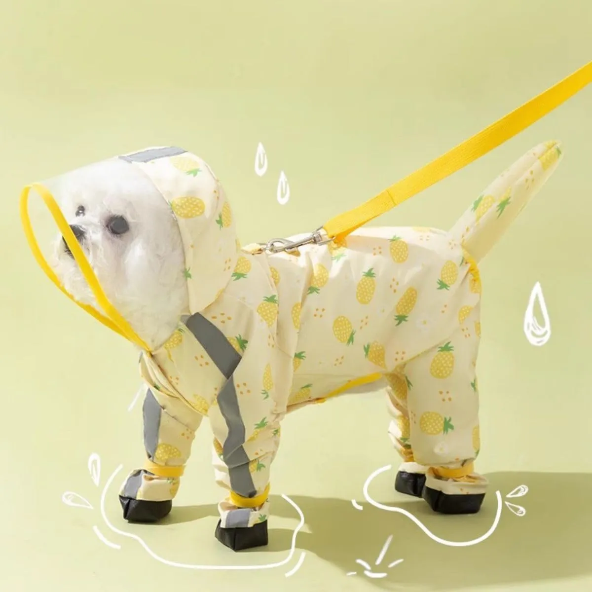 HDKUW Small Dog Raincoat & Rain Shoes Set,Full-Coverage Reflective Dog Jacket with D-Ring,Dogs Raincoat with Rain Boots Set for Puppy Small Dogs Pineapple XL