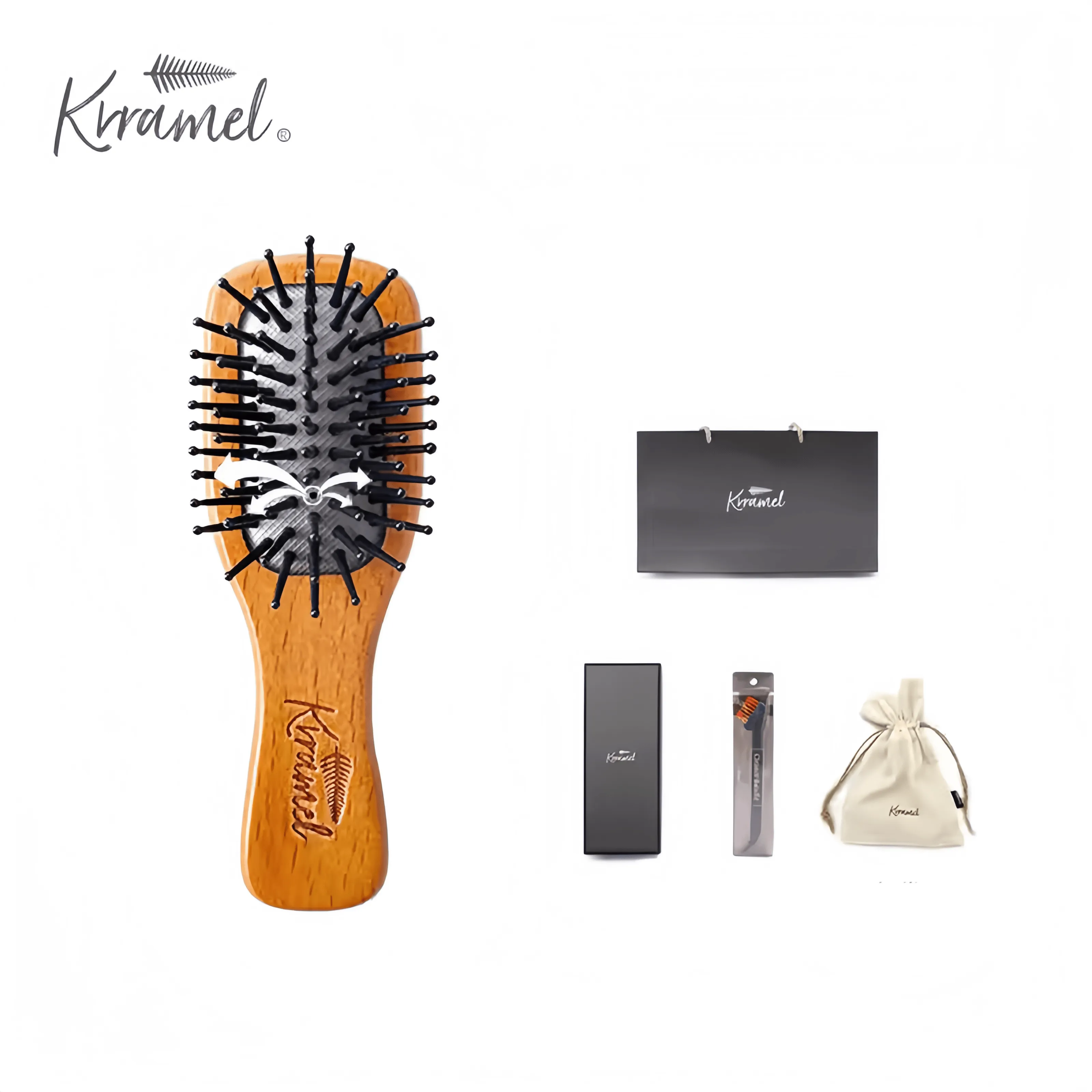 KRRAMEL Hair Massage comb Paddle Brush premium quality fine wood FREE Gift Box & bag cover