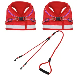 Kuber Industries 1 Double Hook Leash & 2 Dog Chest Harness with Nylon Leash I Strong Dog Rope Leash with Padded Handle | Adjustable Soft Padded and Breathable Dog Vest for Easy Control (Red, XL)