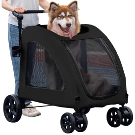 Large Dog Stroller, Removable Cushion Adjustable Handle Foldable 4 Wheel Pet Stroller, Front and Back Access to Dog Wagon for 150 lbs or 2 Medium Dogs (Black)