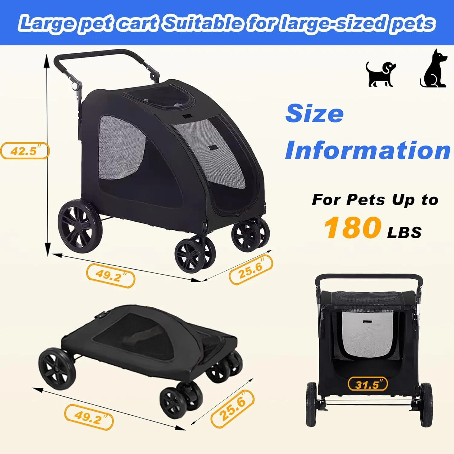 Large Dog Stroller, Removable Cushion Adjustable Handle Foldable 4 Wheel Pet Stroller, Front and Back Access to Dog Wagon for 150 lbs or 2 Medium Dogs (Black)