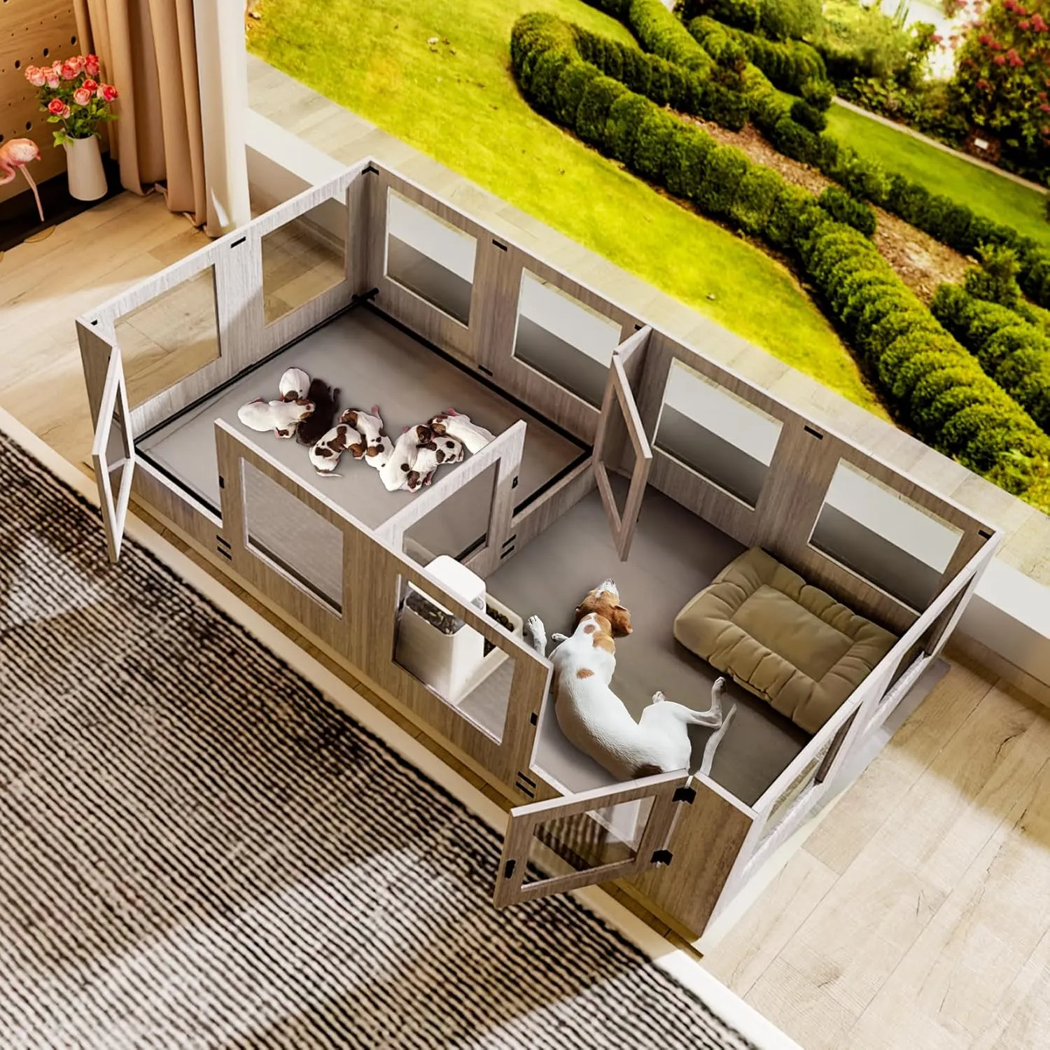 Large Dog Whelping Box Playpen: Indoor Pet Clear Two Rooms Giving Birth Kennel with Safety Rail and Waterproof Fertility Pad - Extra Tall Wooden Newborn Puppies Transparent Fence Pin with Three Doors