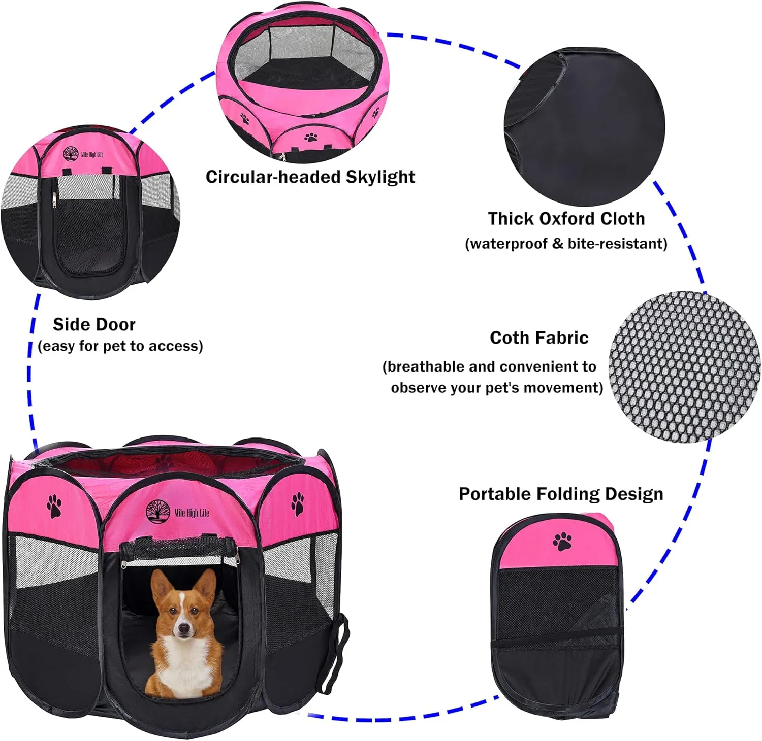 Mile High Life | Foldable Dog Playpen | Portable Dog Crate w Removable Shade Cover | Dog Kennel Indoor/Outdoor w Carry Case | Pen Tent for Dog/Cat/Rabbit(Hot Pink, Large (45"x45"x23"))
