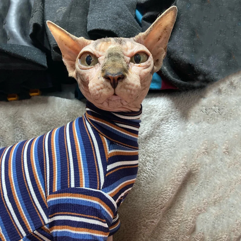 New Sphynx & Devon Hairless Cat Clothes | Knitted Striped High Collar Cat Clothing for Kittens | Spring & Autumn Kitty Costume