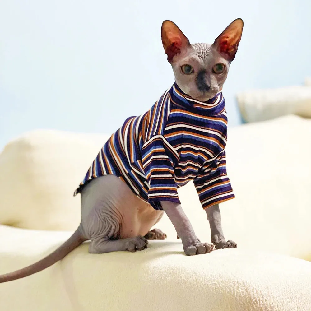 New Sphynx & Devon Hairless Cat Clothes | Knitted Striped High Collar Cat Clothing for Kittens | Spring & Autumn Kitty Costume