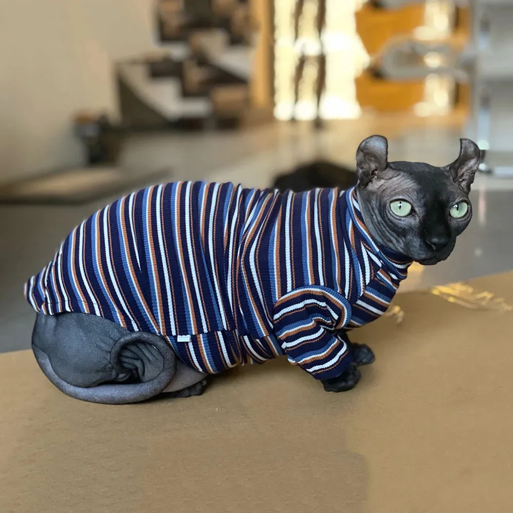 New Sphynx & Devon Hairless Cat Clothes | Knitted Striped High Collar Cat Clothing for Kittens | Spring & Autumn Kitty Costume