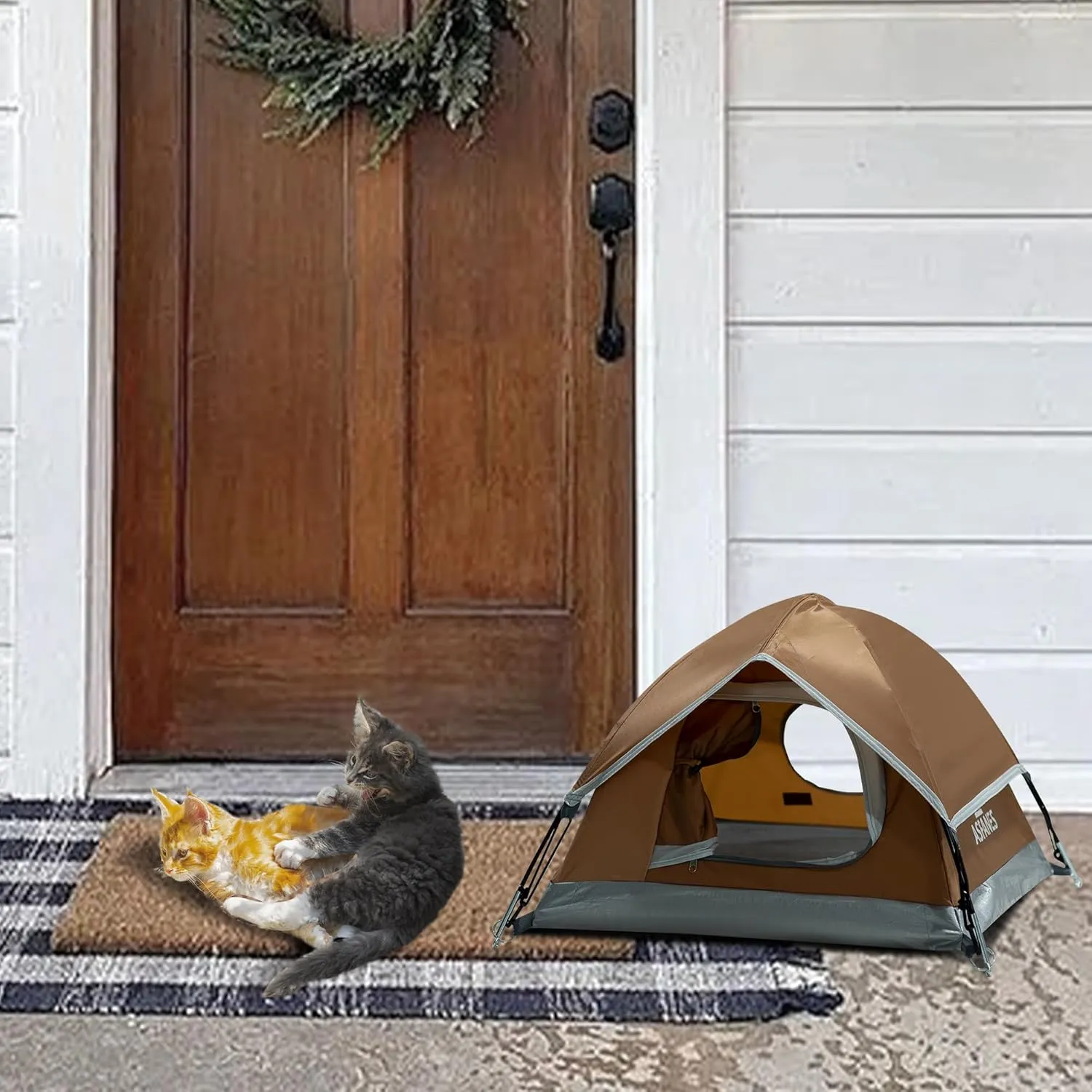 Outdoor Waterproof Pet Camping Tent, Cave Bed for Indoor Cats and Small Dogs, Portable Cat House Dog House, 21.6x21.6x14.9'', Brown, S.