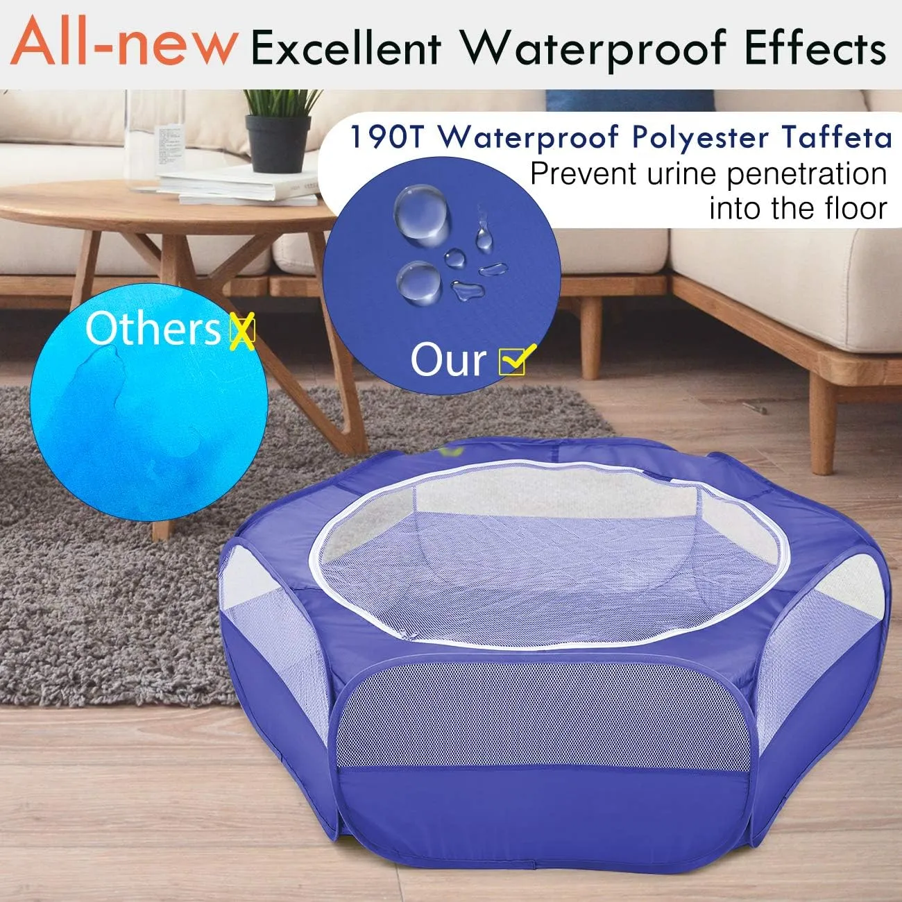 Pawaboo Small Animals Playpen, Waterproof Small Pet Cage Tent with Zippered Cover, Portable Outdoor Yard Fence with 3 Metal Rod for Chick/Kitten/Puppy/Guinea Pig/Rabbits/Hamster/Chinchillas,Indigo