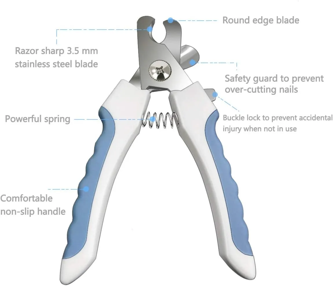 Pet Nail Clippers and Trimmers Set Safety Guard to Avoid Over Cutting Razor Sharp Blades Grooming Tool for All Small Large Dog Cat Blue