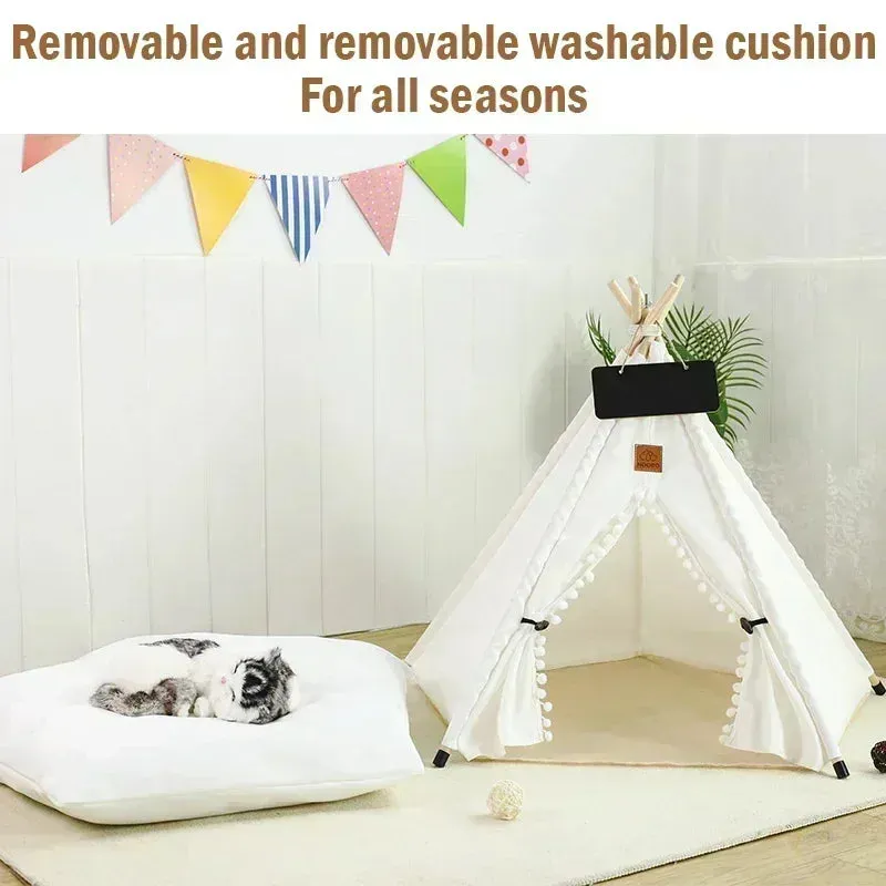 Pet Teepee Tent for Cats and Dogs - Portable Removable Washable Dog House - Indoor Puppies House with Cushion and Blackboard - Cat Bed