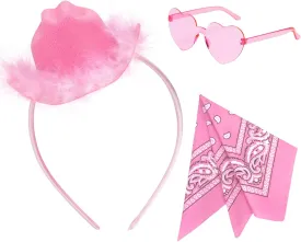 SeptCity Pink Cowboy Hat Headband, Mini Cowgirl Hat for Girls Heart Glasses with Bandana Cowgirl Cosplay Accessories for Halloween Birthday Party Music Festival