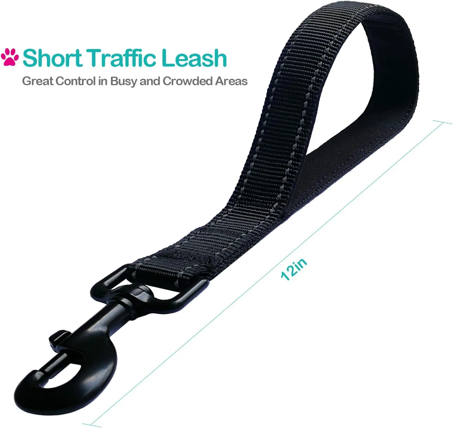Short Nylon Dog Lead - Heavy Duty Padded Handle - Reflective Black, 12 Inch for Large & Medium Dogs