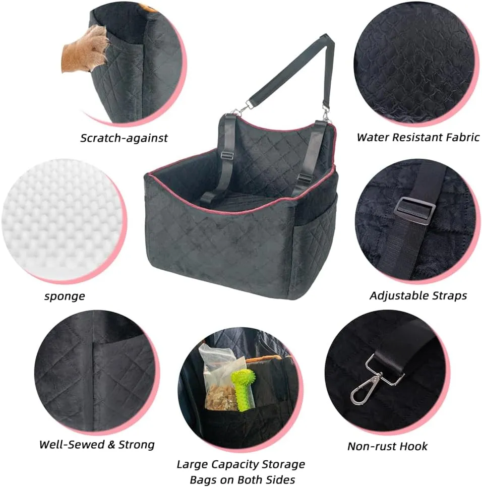 Slideep Dog Car Seat, Small Medium Pet Car Carrier, Pets Travel Bed with Leash Safety Belts, Memory Foam Puppy Booster Seat for Small Dog Under 35lbs- Black