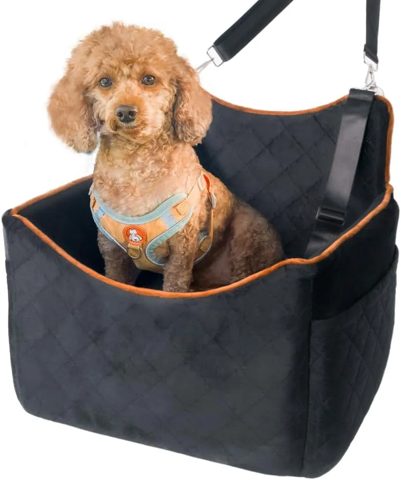 Slideep Dog Car Seat, Small Medium Pet Car Carrier, Pets Travel Bed with Leash Safety Belts, Memory Foam Puppy Booster Seat for Small Dog Under 35lbs- Black