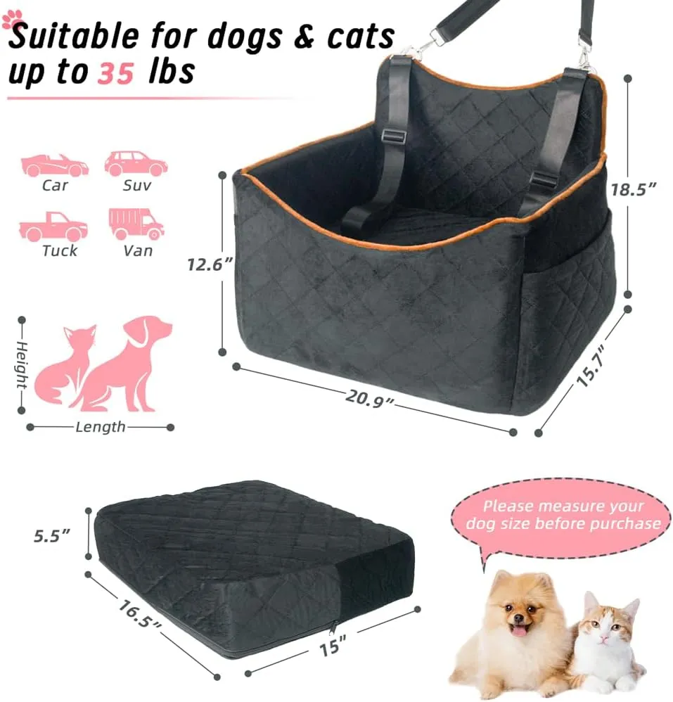 Slideep Dog Car Seat, Small Medium Pet Car Carrier, Pets Travel Bed with Leash Safety Belts, Memory Foam Puppy Booster Seat for Small Dog Under 35lbs- Black