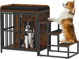 Snughome Dog Crate Furniture with Stairs, 41.73 Wooden Dog Kennel Indoor with Double Doors, Furniture Style Dog Crate with Cushion for Dogs, Heavy Duty Dog Cage for Small/Medium Dogs, Rustic Brown