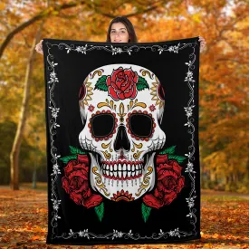 Teesdily | Sugar Skull Rose Blanket Soft Throw Skull Fleece Throw Blanket For Kids Teens Couple Skeleton Bed Blanket Halloween Day Of The Dead Gifts