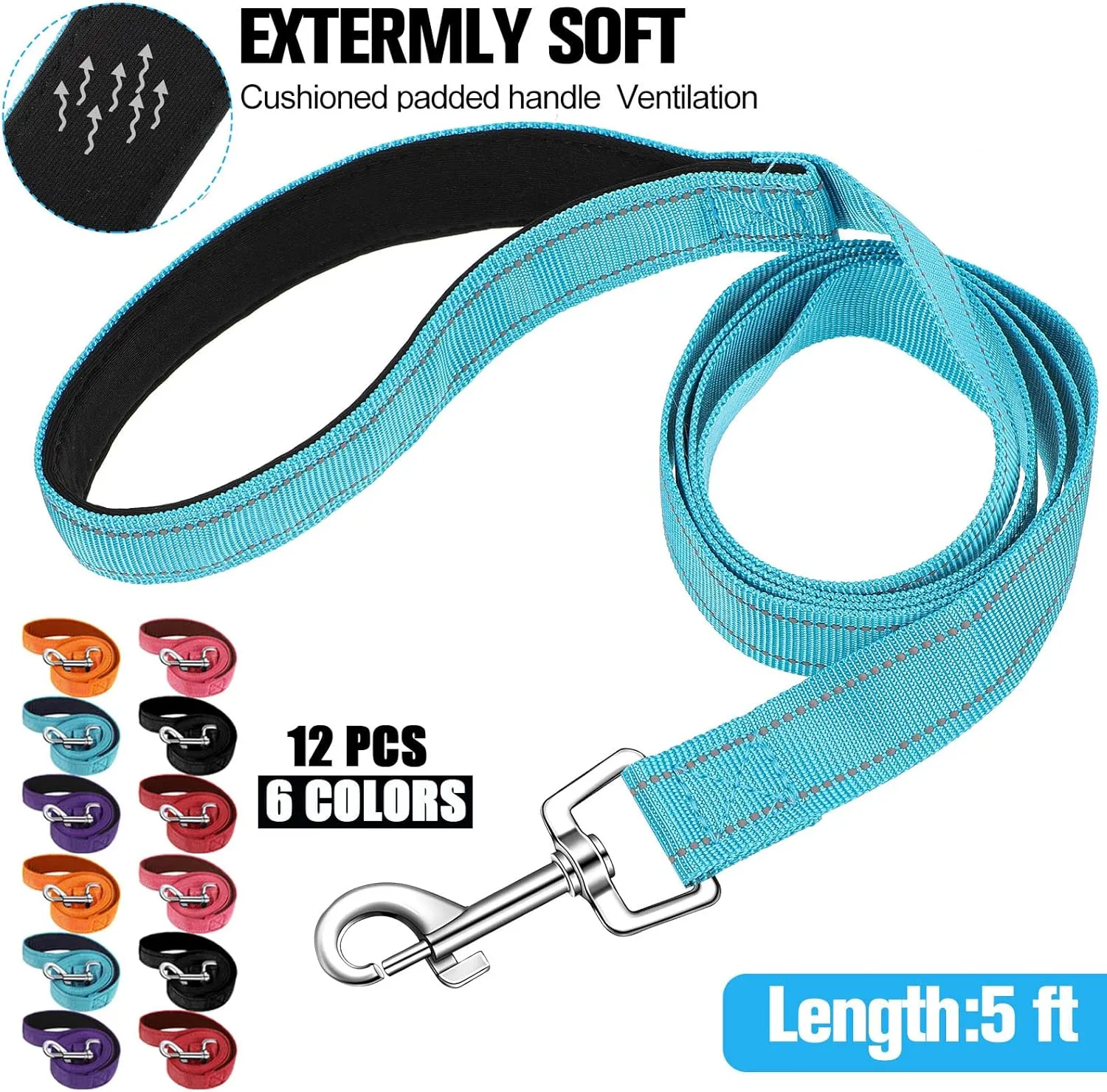 Vicenpal 12 Pcs Double Sided Reflective Dog Leash with Soft Padded Handle, Bulk Nylon Animal Leashes for Medium and Large Dogs Heavy Duty Animal Leash for Walking, Training, 6 Colors(5 ft,Cute Colors)