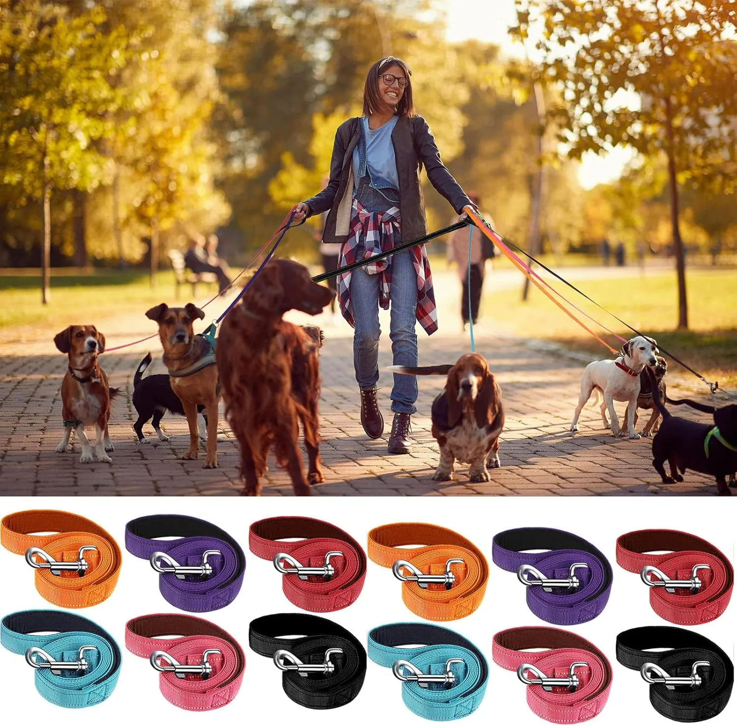 Vicenpal 12 Pcs Double Sided Reflective Dog Leash with Soft Padded Handle, Bulk Nylon Animal Leashes for Medium and Large Dogs Heavy Duty Animal Leash for Walking, Training, 6 Colors(5 ft,Cute Colors)