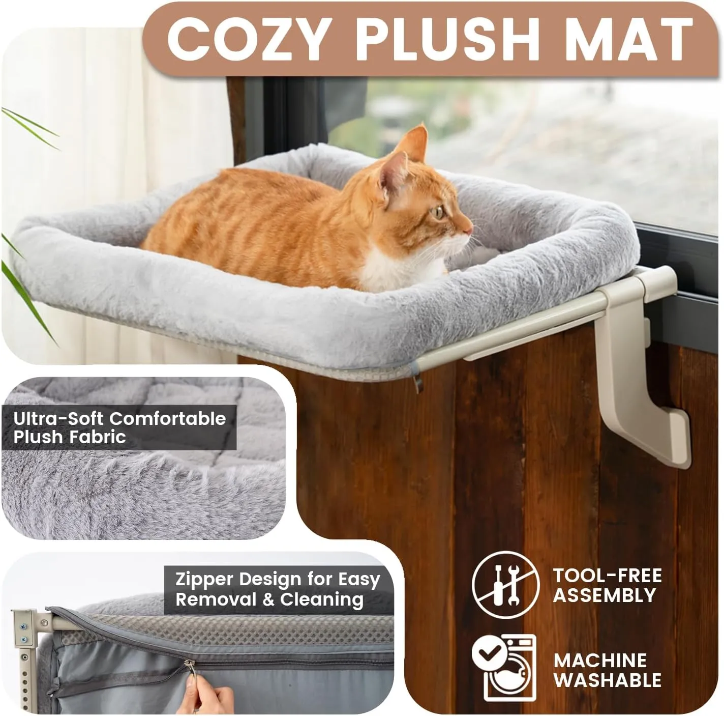 Window Sill Cat Perch with Large Bolster, Strong Metal Frame, Tool-Free, Easy to Assemble & Adjust, Suction Cups, Perfect for Window Sills, Bedside and Glass (White, Large)