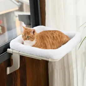 Window Sill Cat Perch with Large Bolster, Strong Metal Frame, Tool-Free, Easy to Assemble & Adjust, Suction Cups, Perfect for Window Sills, Bedside and Glass (White, Large)