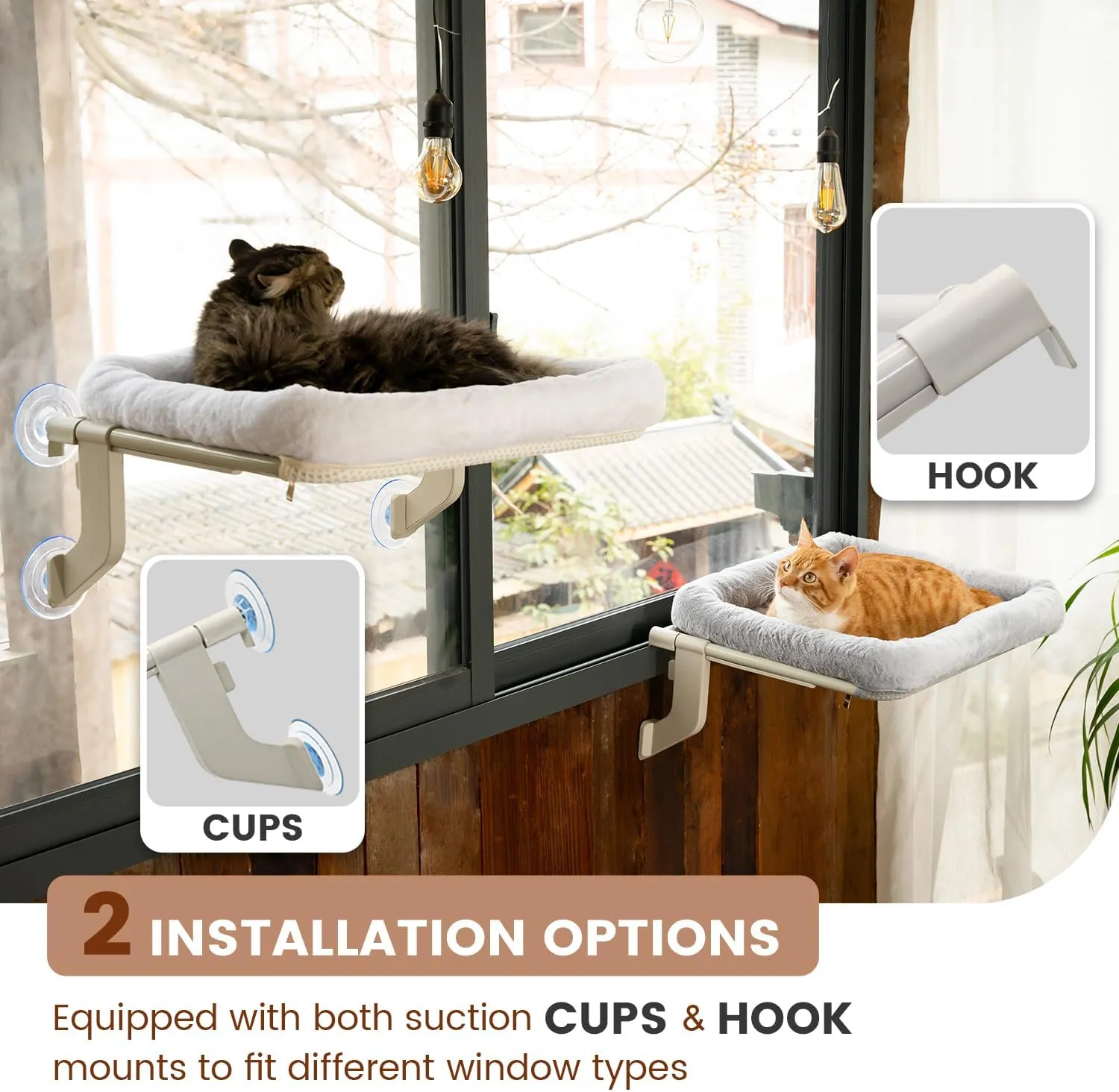 Window Sill Cat Perch with Large Bolster, Strong Metal Frame, Tool-Free, Easy to Assemble & Adjust, Suction Cups, Perfect for Window Sills, Bedside and Glass (White, Large)