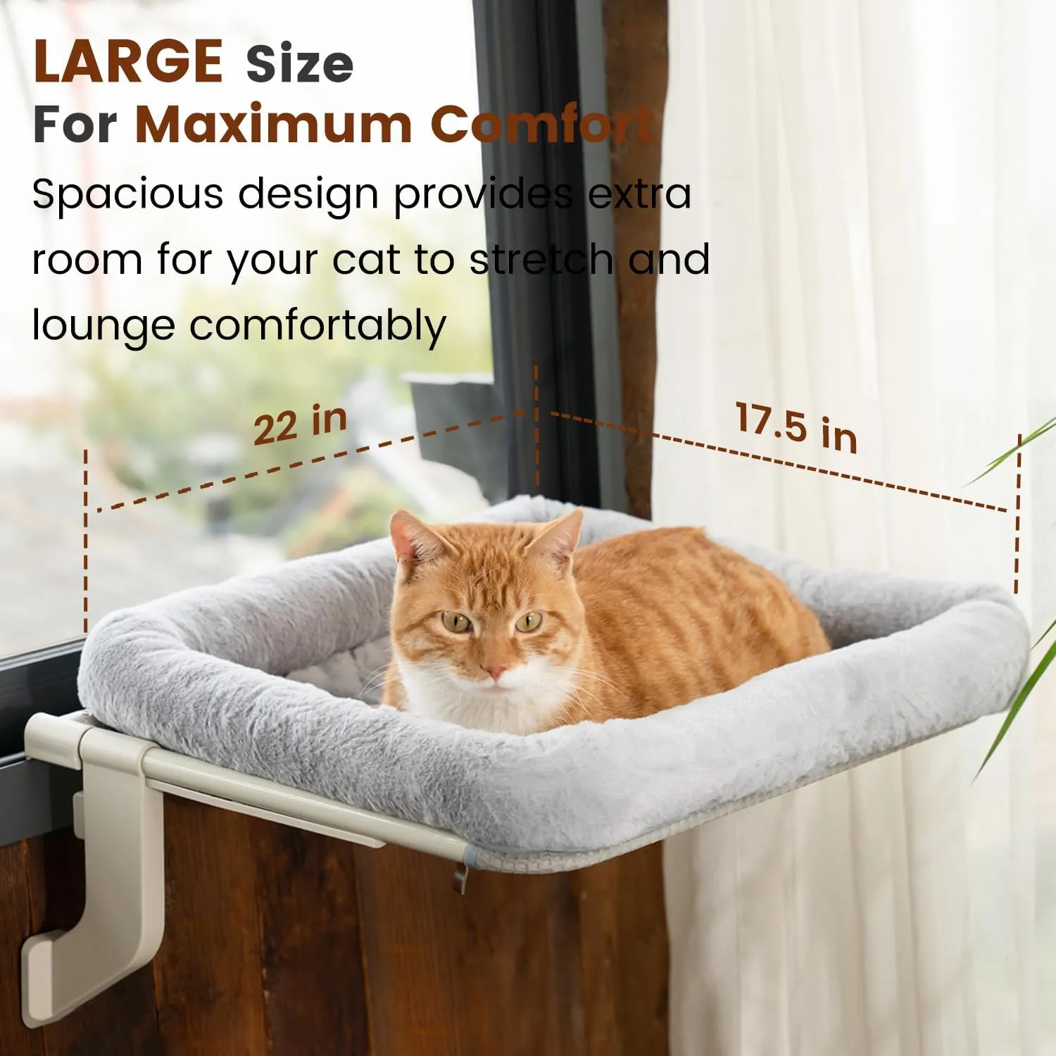 Window Sill Cat Perch with Large Bolster, Strong Metal Frame, Tool-Free, Easy to Assemble & Adjust, Suction Cups, Perfect for Window Sills, Bedside and Glass (White, Large)