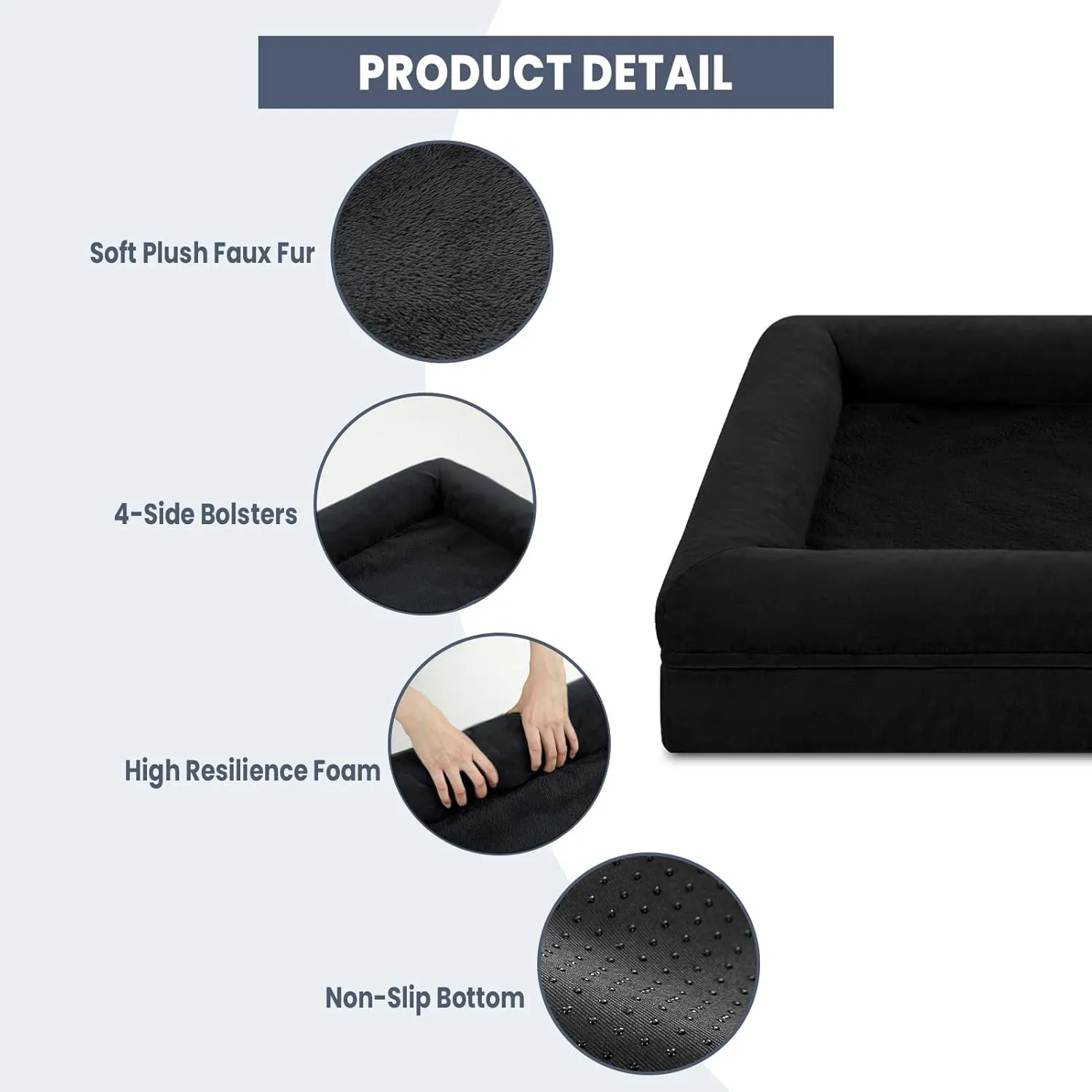 XLarge Waterproof Dog Bed for Extra Large Dogs, XL Dog Bed with Removable Washable Cover, 4-Sides Removable Bolster Pet Sofa with Non-Slip Bottom, Black