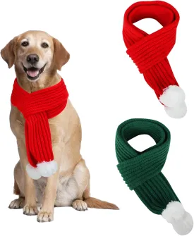 YUEPET 2 Pack Knitted Christmas Scarves with White Pompom Ball, Red Green Dog Santa Scarves for Male Female Medium Large Dogs, Winter Neck Warmer