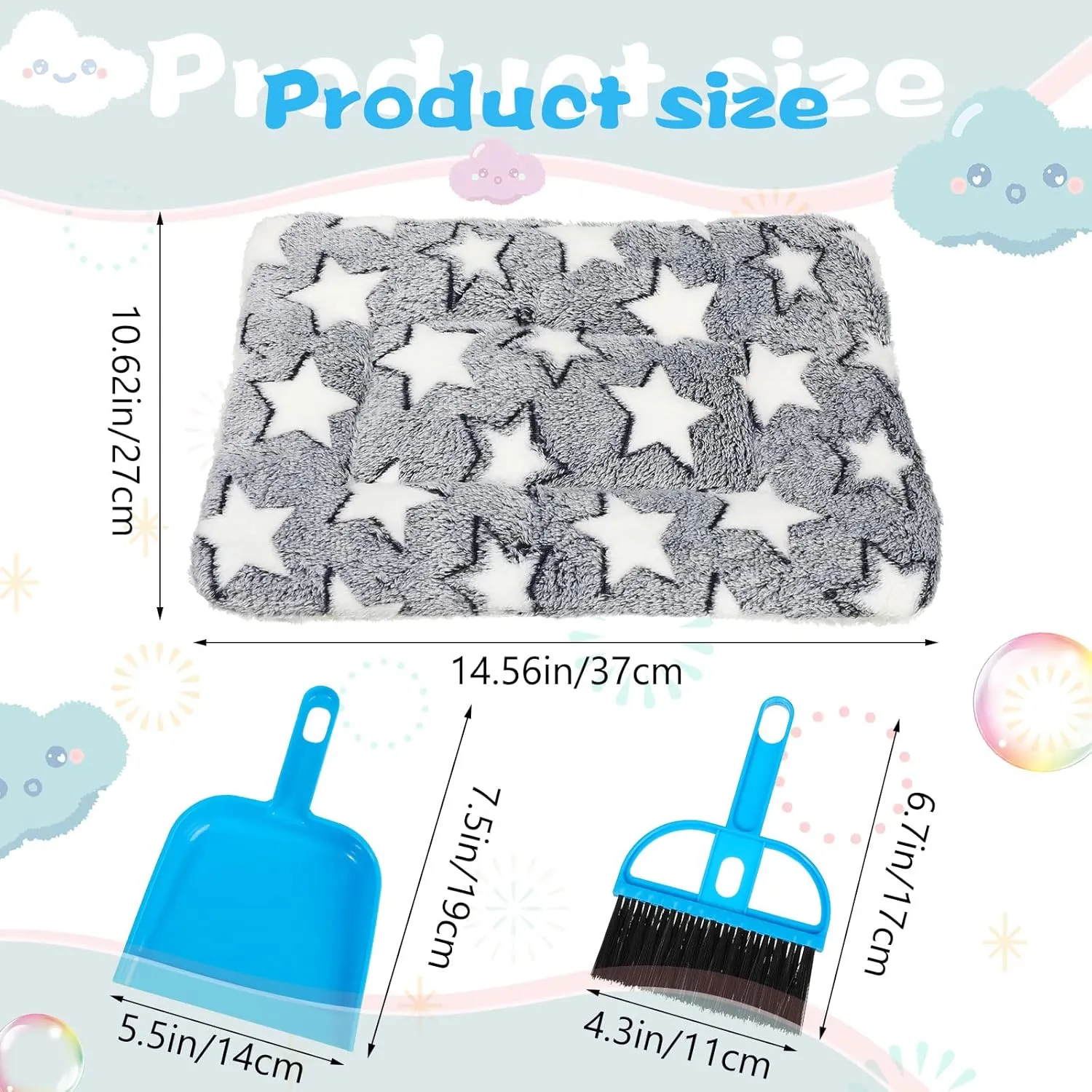 Yulejo 6 Pieces Guinea Pig Bed Mats with Cleaning Dustpan Brush Washable Plush Cage Lines Soft Fleece Sleeping Bedding Pads for Hamster Bunny Chinchilla Squirrel Small Animals (Cute Color, Star)